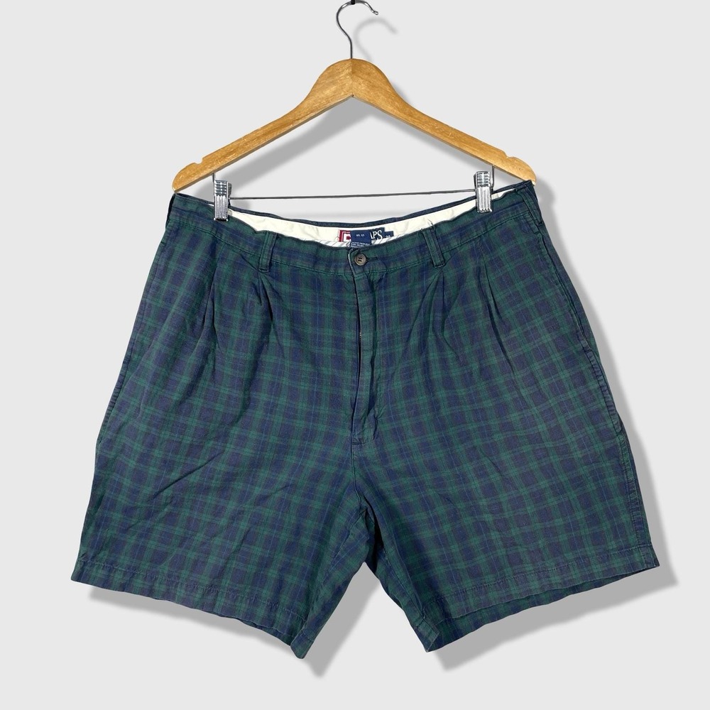 Vintage Chaps Ralph Lauren Shorts Mens 38 Green Blue Plaid Pleated Casual Preppy